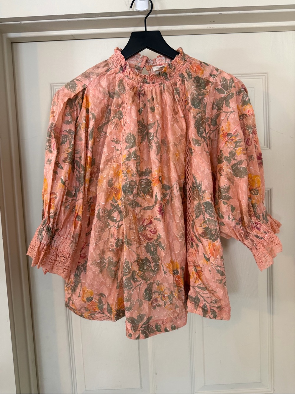 Pilcro Peach Floral Paisley Smocked-Neck Blouse Hobo Flowy 100% cotton sz L - Picture 2 of 9